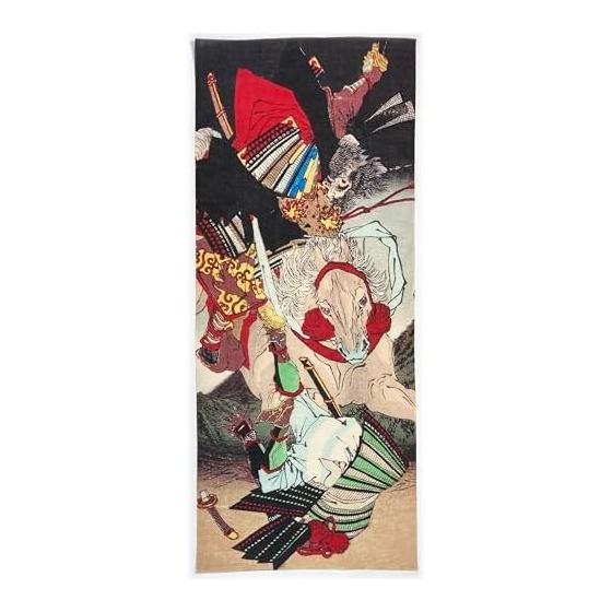 Ukiyo-e Tenugui Handtuch: Yoshitoshi's Krieger - Sagami Jiro Taira no Masakado von Tsukioka Yoshitoshi, 100% Baumwolle, Premium Japanischer Tokka-Stoff,