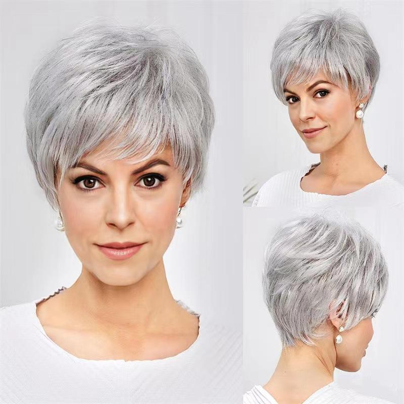 Parrucche Pixie Cut Sintetiche Corte Ombré Grigio Parrucca Pixie Cut con Frangia Parrucca Scalata Parrucche Ondulate per Donne