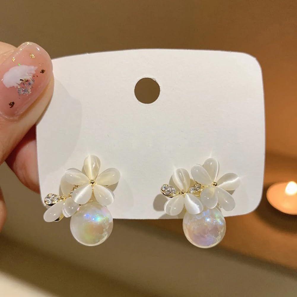 Latest Sweet Romantic Elegant White Flower Hoop Earrings | Stylish Shell Resin Delicate Pearl Flower Zircon Earrings | Trendy Versatile Jewellery