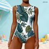 Women Plus Size High Round Neck Sleeveless One Piece Swimsuit White Green Tropical Leaf Printed