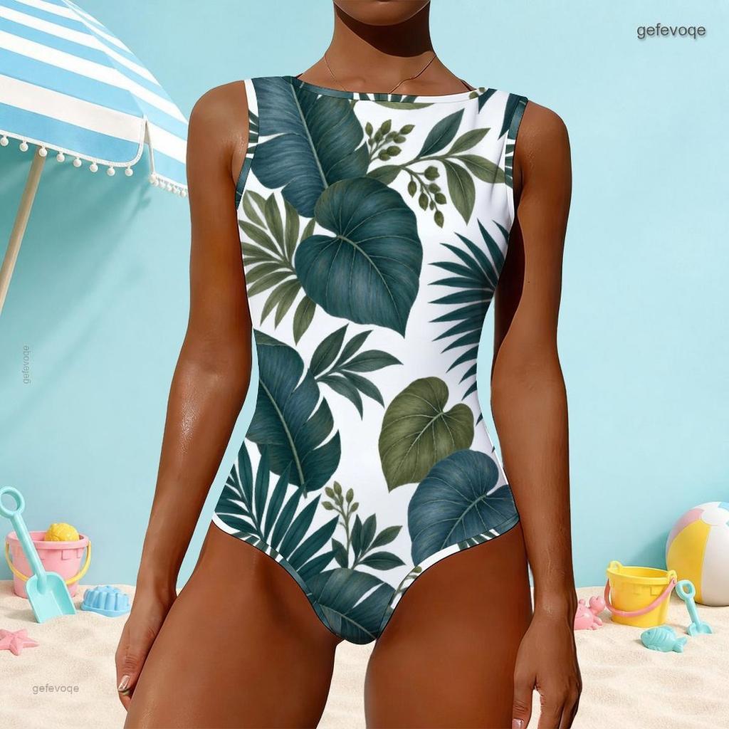 Women Plus Size High Round Neck Sleeveless One Piece Swimsuit White Green Tropical Leaf Printed