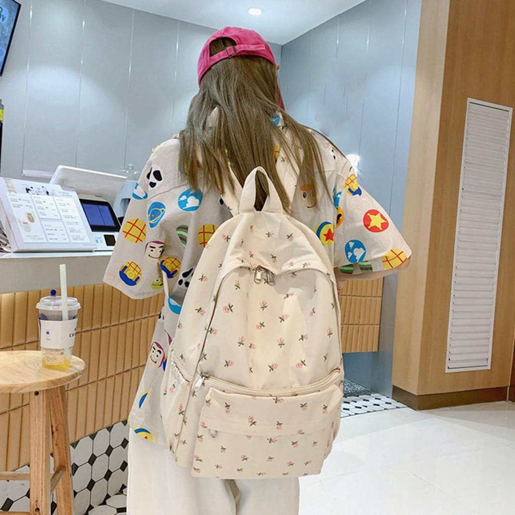 Dame Ryggsekk Nylon Reise Skolesekk Veske Blomstertrykk Søt Medium Størrelse Casual Dagstursekk for Jenter Skole Reise