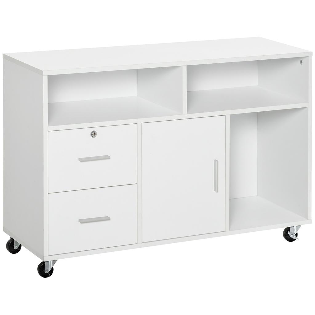 Mobiel archiefkast voor thuiskantoor, Zijwaarts archiefkast, Printerstandaard met open vakken, Afsluitbare lade, 100cm x 35cm x 65cm, Wit