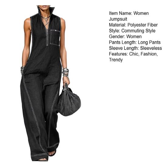 Sleeveless Jumpsuit Casual Long Pants Rompers with Pockets Summer Zip Up Stand