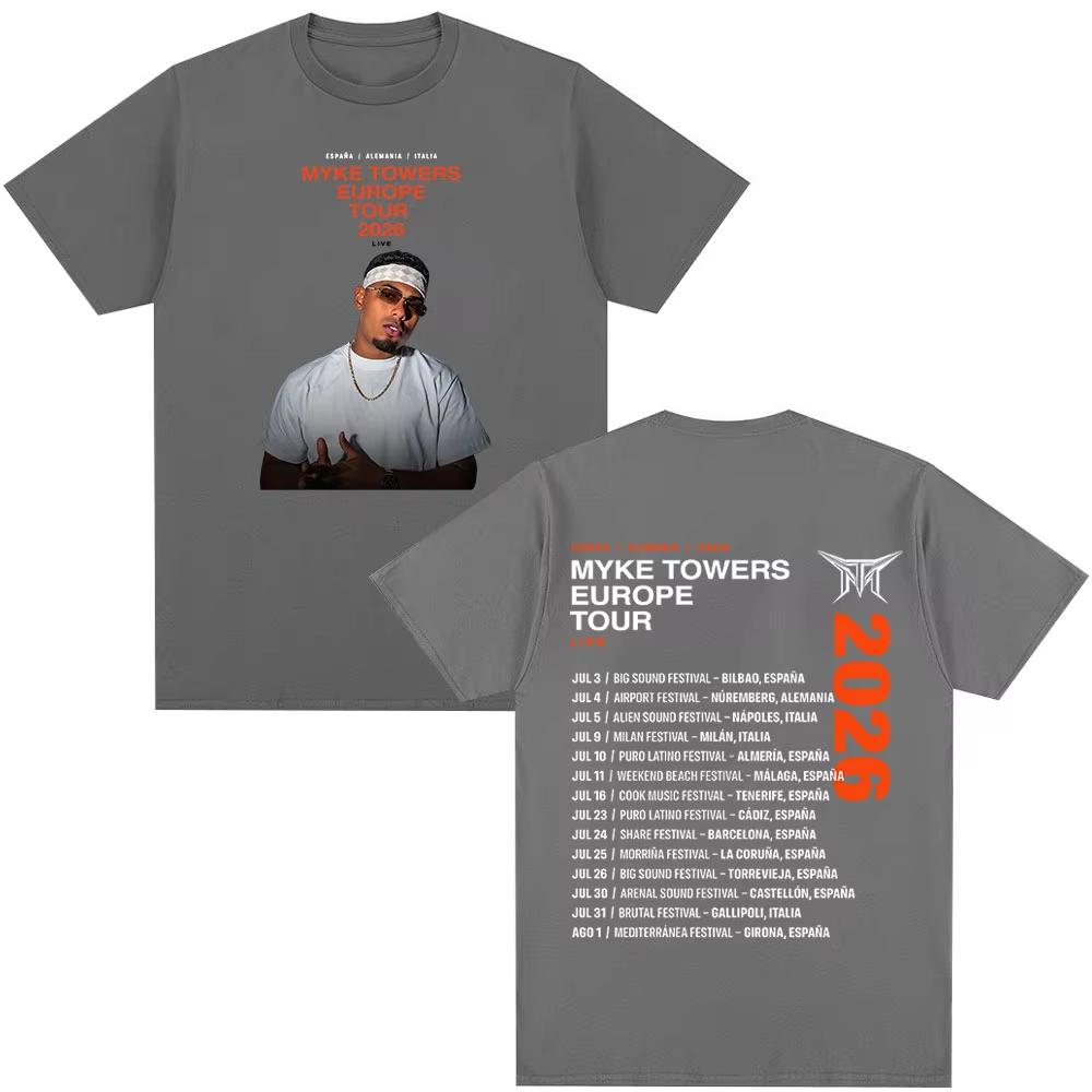 Rapper Myke Towers Europe Tour 2026 Tshirts Unisex Unisex Fashion Hip Hop Oversized T Shirt Cotton Short Sleeve Tshirt Streetwear