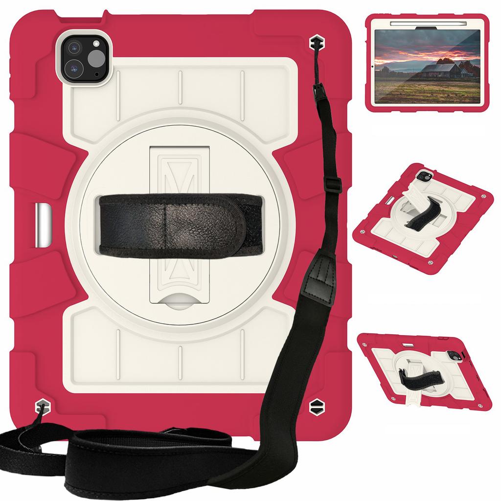 For iPad Pro 11 (2024) Kickstand Case with Shoulder Strap Rotating Hand Strap PC+TPU Tablet Cover