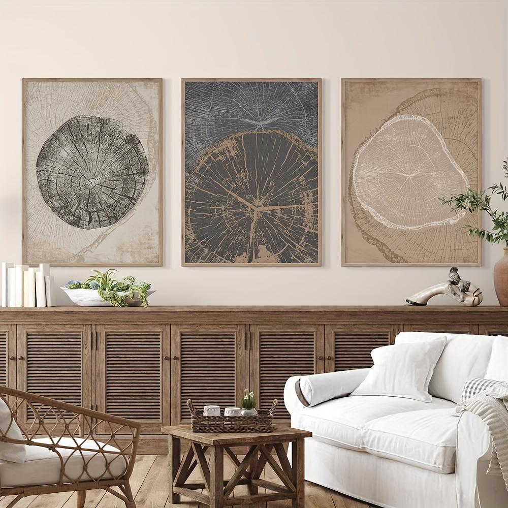 A Set of Three Pieces Featuring Nordic-Style Tree Ring And Stump Artwork, Vintage Abstract Art Posters Printed on Canvas, Modern