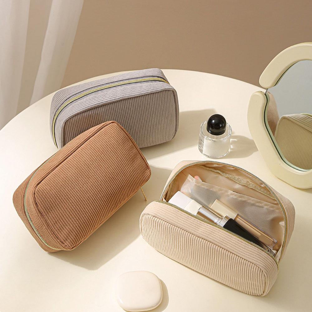 Travel Cosmetic Bag Corduroy Fabric Portable Makeup Storage Case for Toiletries Electronics Compact Lightweight Handheld