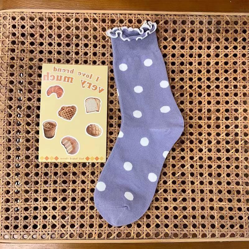 

Женские весенне-летние хлопковые носки, простые и ретро, черные носки в горошек с отделкой ушками, универсальные, мягкие и пушистые носки 1 pair фиолетовый