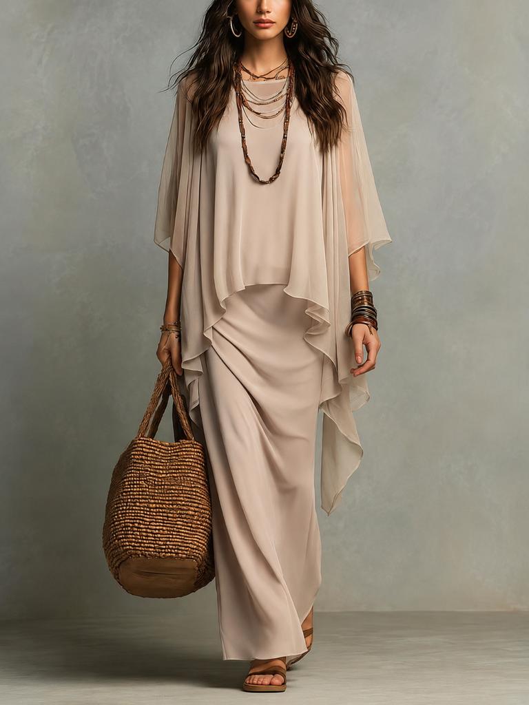 European and American Women's Clothing Summer New Sleeveless Vest Dress Chiffon Shawl with Two-piece Holiday Dress