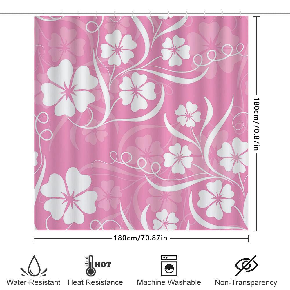 Pink Bath Curtain With White Flower Pattern Waterproof Shower Rug Decor For Bathroom Home Decoration Unique Gift Idea