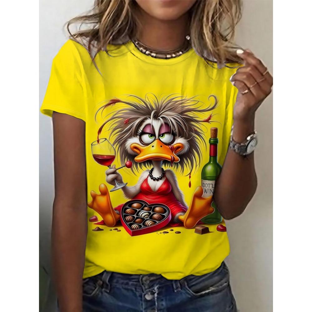 New Women's 3D Cartoon Pattern Short Sleeve T-Shirt Elegant Casual Crew Neck Top Quick Dry Breathable Trendy Fashion
