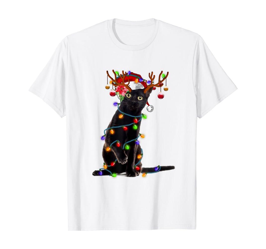 Black Cat Christmas Light Xmas Holiday Cute Animals T-Shirt S