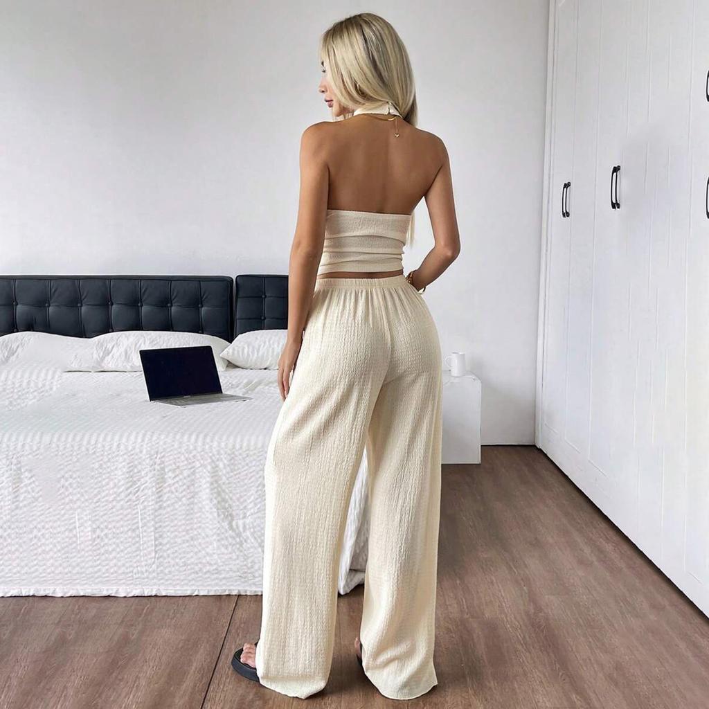 Women’s Two Piece Set Sleeveless Halter Neck Top and Wide Leg Long Pants Casual Relaxed Fit Outfit for Daily Wear