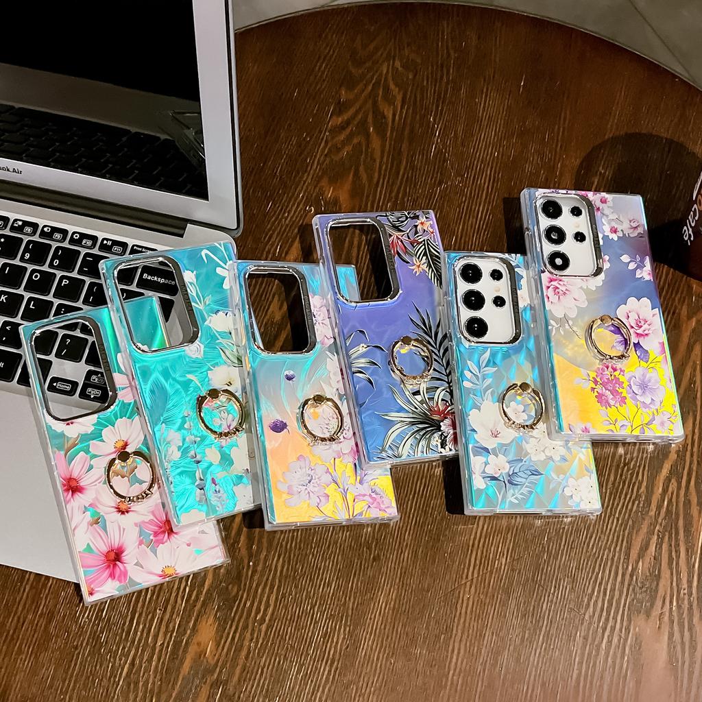 Electroplating Laser Flower Imd Hard Shell Suitable for Samsung S25ultra Ring Bracket S24Plus Mobile Phone Case A56