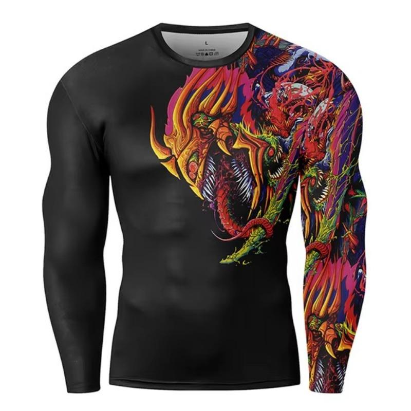 Muscle Tattoo Mens Compression T-shirts Long Sleeve Wolf Dragon Sportswear Rashguard Fitness Gym Tops Tees Streetwear