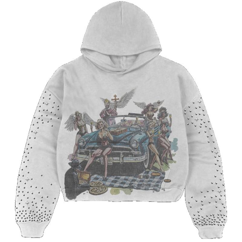 Unisex Retro Streetwear Hoodie With Graphic Print Rhinestone Embellishment Gothic Punk Style Fall Winter Collection