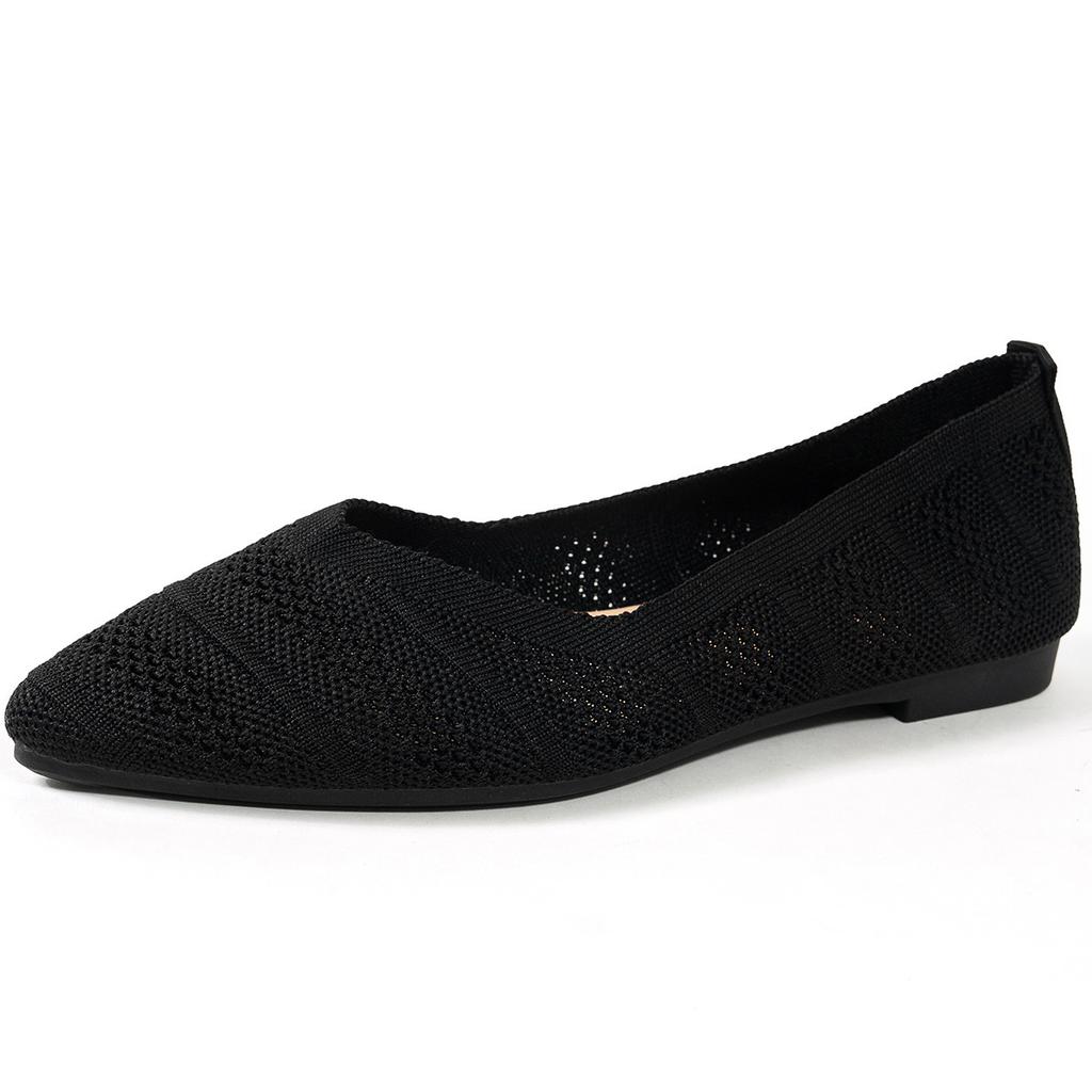 New fly-woven pointed shallow mouth flat-soled single shoes women's 2025 foreign trade large size knitted breathable four-season Doudou shoes
