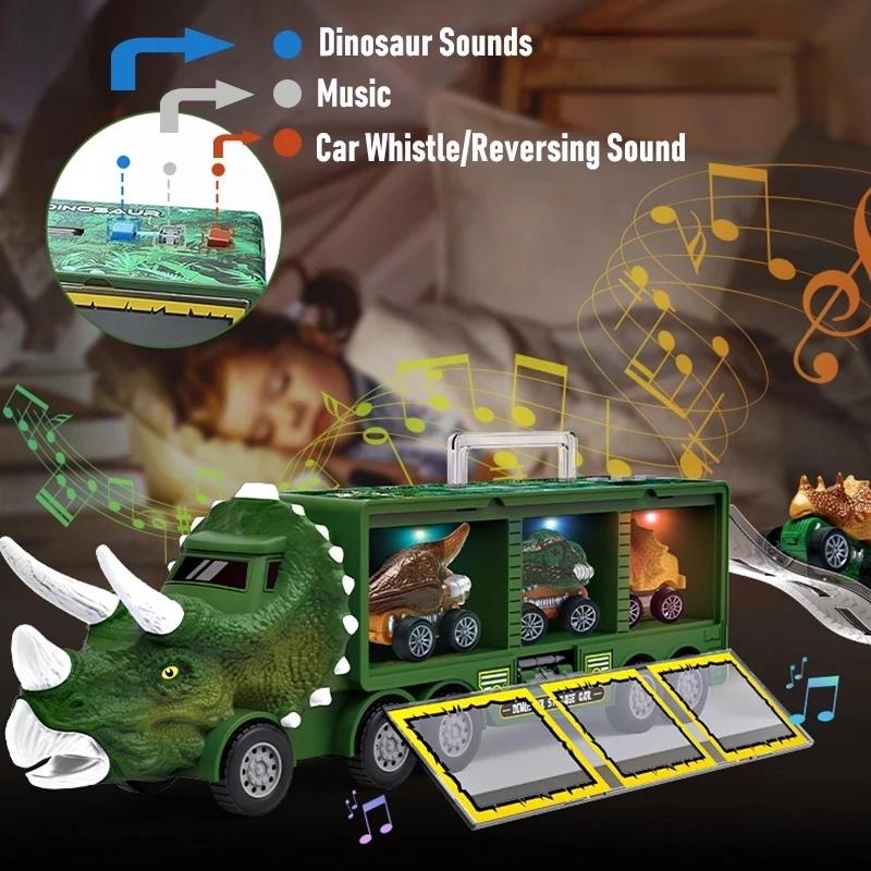 Illuminazione musicale Dinosauro Auto da trasporto Camion Tirare indietro Dino Car Veicolo Contenitore Modello di stoccaggio Giocattoli per bambini Ragazzi Regalo di compleanno per bambini
