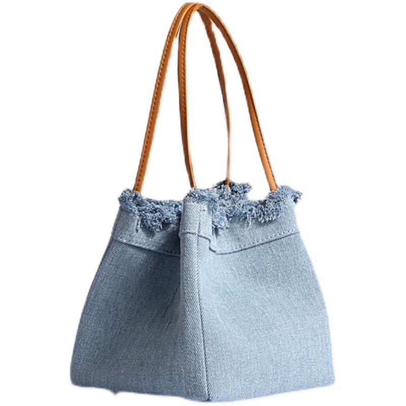 New Trendy Niche Design Denim Splicing Versatile Hand-held Women's Bag Casual Canvas Vegetable Basket Bucket Bag