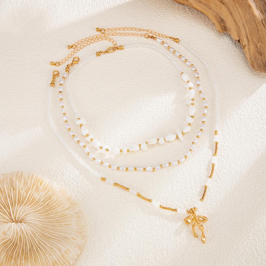 Sweet And Cool Ribbon Bow Necklace, Bohemian Conch Imitation Beaded Necklace For Women