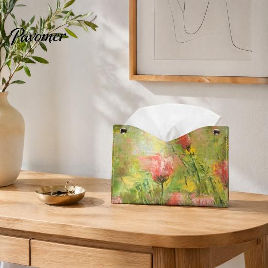 Kitchen Paper Organizer Leather Tissue Box Cover with Oil Painting Pattern, Foldable Desktop Organizer, Napkin Holder Portable Case, Facial Dispenser,