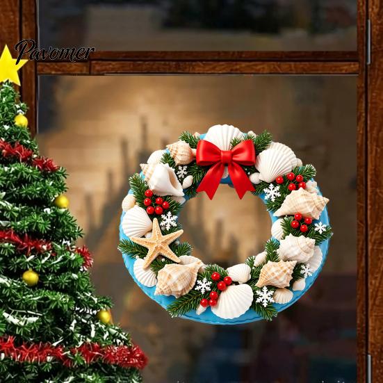 Waterproof Glass Window Film Ocean Style Christmas Wreath Stickers, PVC Static Decals with Sunproof Stickers Conch And Shell Elements, Seaside Clings