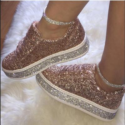 Zapatos de skate con cordones brillantes plateados con diamantes de imitación para mujer, zapatillas planas informales para mujer