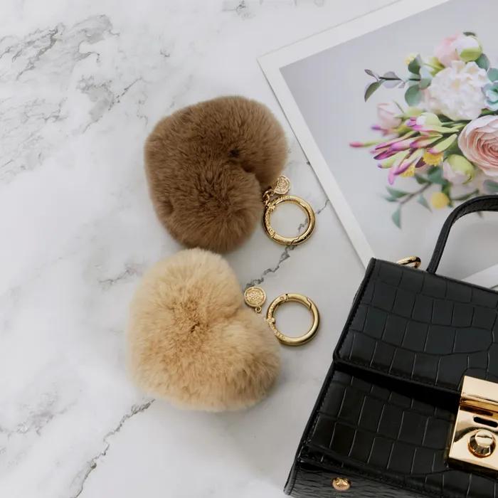 Maia Rabbit Fur Heart Keyring & Charm - Light Brown