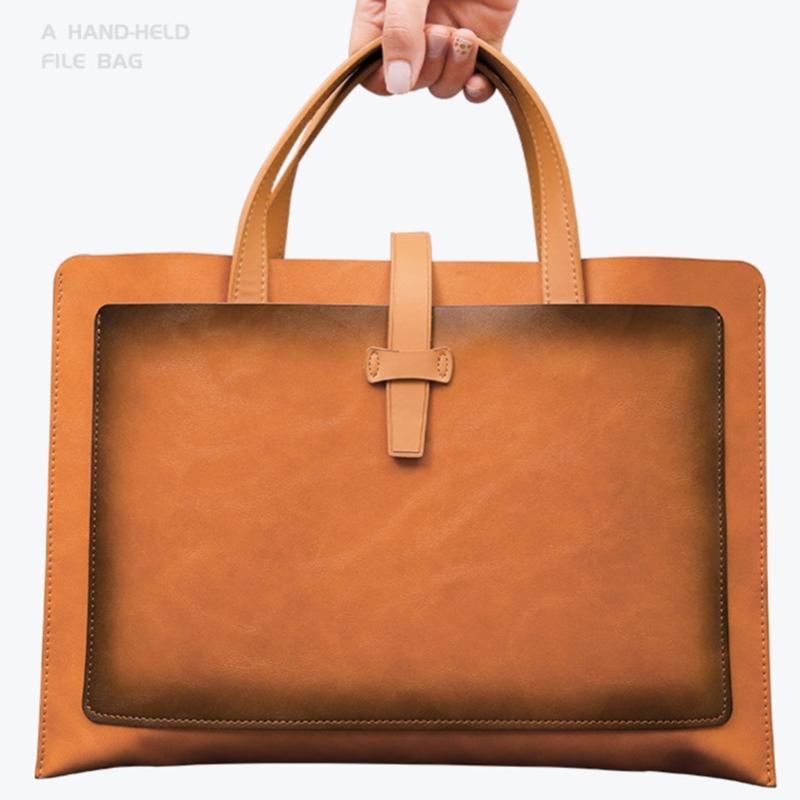 Handheld File Folder Leather Folder Document Storage Bag Leather Laptop Sleeve Leather Buckle Lock for Office Travel