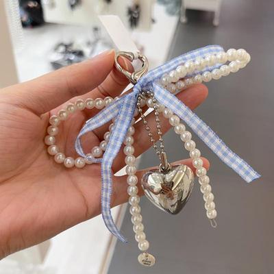 Korean White Bowknot Heart Keychain Women Sweet Charm Pearl Bow Backpack Key Ring Handmade Jewelry Ornament Bags Pendants Gifts