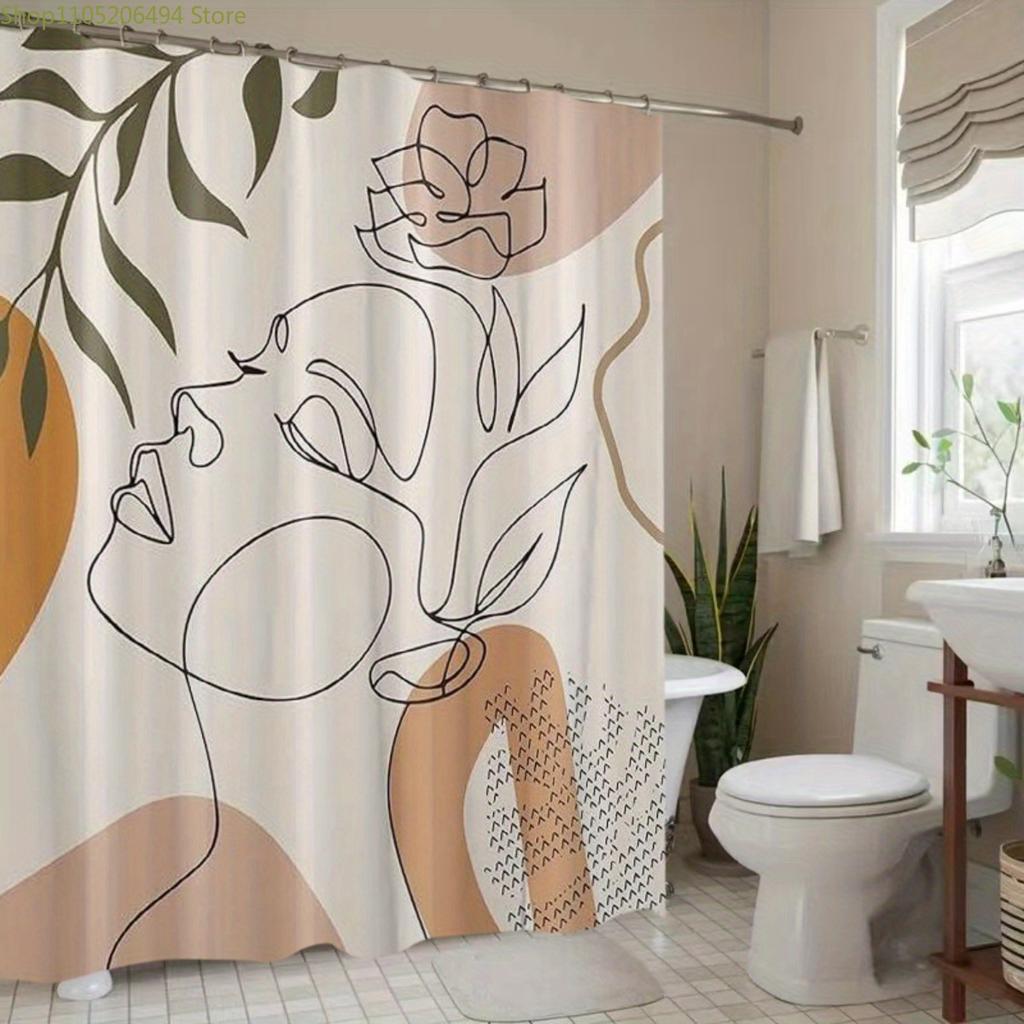 1pc Line Art and Botanical Elements Shower Curtain, Home Decor Printed Curtain, No Drill Bathroom Divider