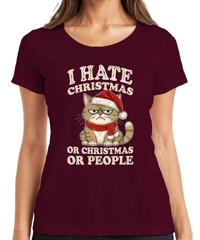 I Hate Christmas Or Christmas Or People Funny Cat Sarcastic Ladies TShirt
