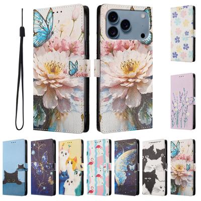 Flip-Lederschutzhülle für iPhone 17 16 15 14 13 12 Pro Max Plus Mini 17 Air Niedliche Blume Schmetterling Bedruckte Geldbörse Rückseite Handyhülle