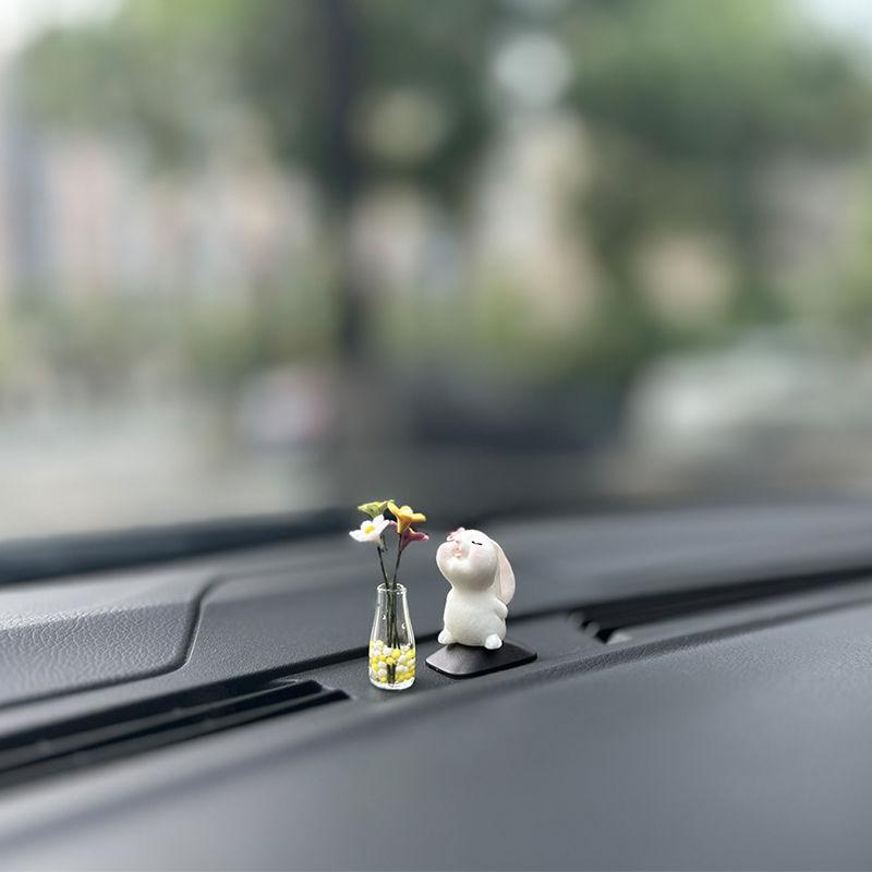 Cute Anime Car Interior Decoration Mini Rabbit And Vase Auto Dashboard Rearview Mirror Ornaments For Gifts Car Accessories