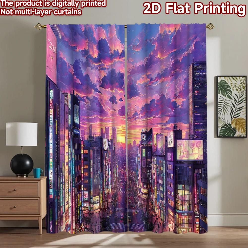 2D flat printing 2pcs Window Curtains Anime Cityscape Neon Night Digital Printed Polyester Drapes Birthday Party for Photo