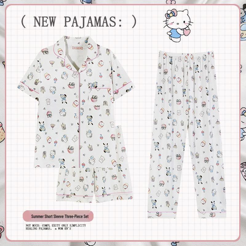 Pastoral Women's Pajama Set: Soft, Cute Rabbit Design, Short-Sleeve, Casual Three-Piece Loungewear.