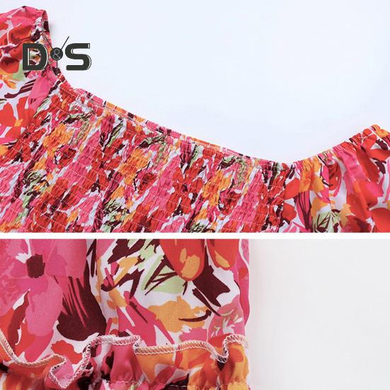 Dámské plážové šaty mimo ramena Barevný potisk květin A-line Patchwork s volným lemem lemování bez zad Krátké rukávy letní prázdninový styl midi šaty