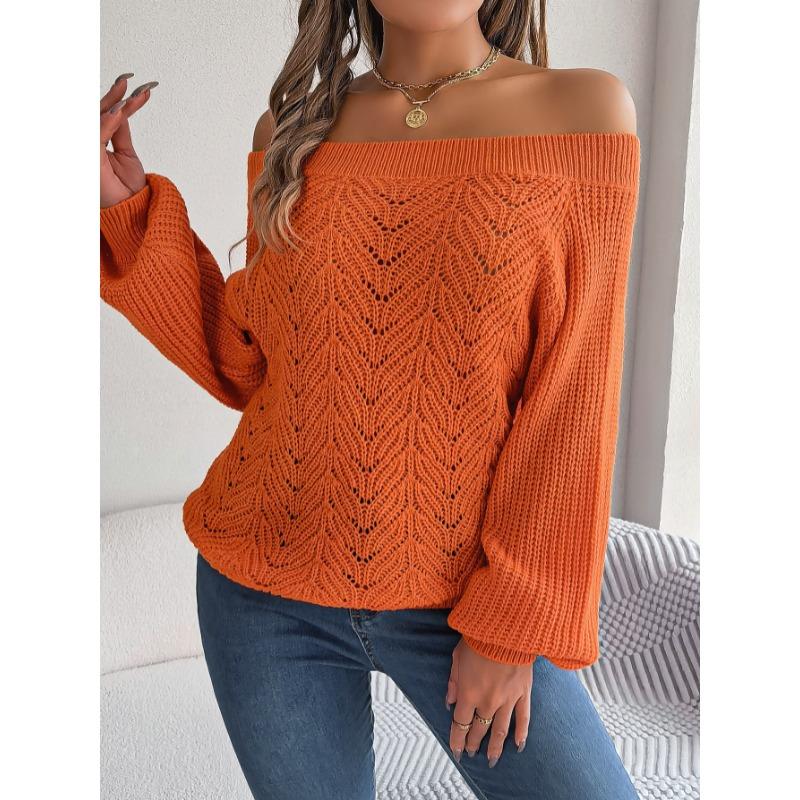Fashion Off-the-shoulder Pullover Hollow Out Women Sweater Autumn Casual Knitted Tops Long Sleeve Loose Casual Solid Color One-word Collar Sweaters