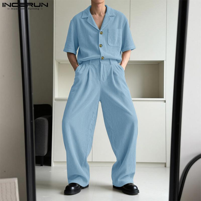 INCERUN 2PCS Men Lapel Neck Corduroy Short Sleeve Shirt Long Straight Pants Sets Outfits