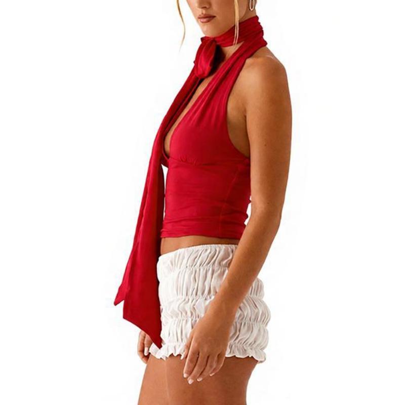 Women's Solid Color Deep V-Neck Strappy Sexy Sleeveless Backless Top