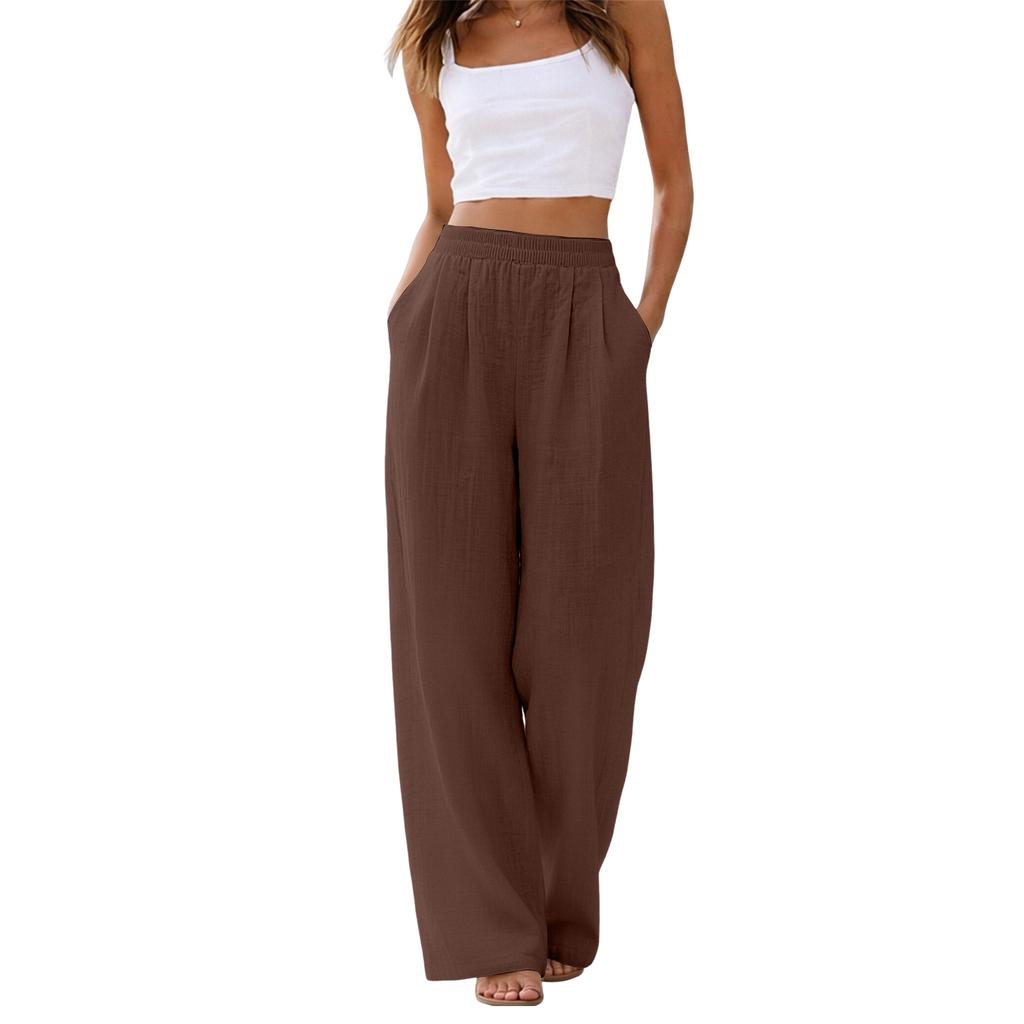Women's Linen Wide Leg Pants Elastic Waist Summer Beach Vacation Lightweight Loose Fit Long Trousers Casual Comfortable