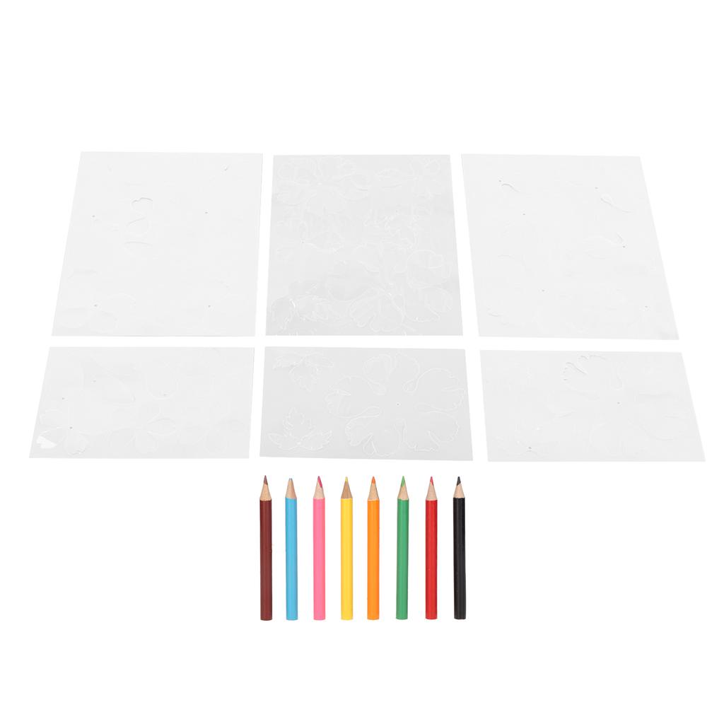 6 Sheet Flower Heat Shrink Paper with 8 Color Pencils Pre Cut Two Sides DIY BOPS Shrink Film Paper for Beginner