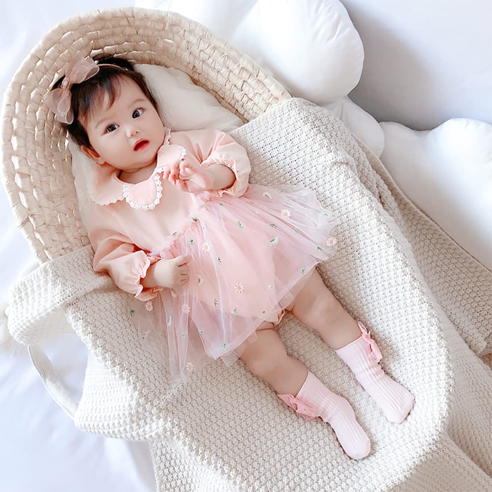 Baby Clothes Coverall Dress Bodysuit Tulle Skirt Spring Autumn Girls Newborn Clothes Embroidered Chrysanthemum Pattern Pre Pink 80 Months [Reegoo