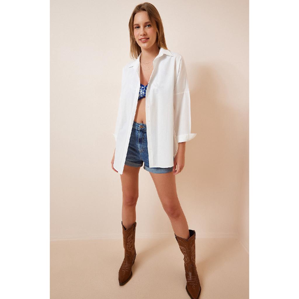 Chemise basique longue surdimensionnée blanche pour femme Dd00842
