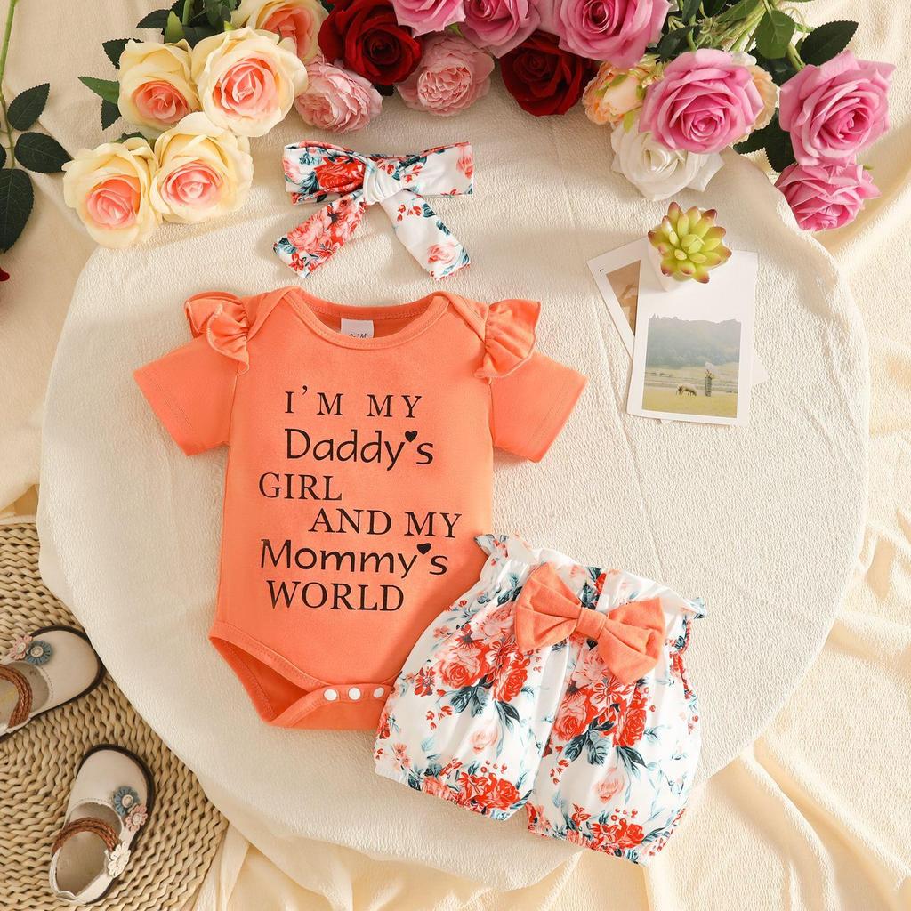 2026 Summer Baby Girl Letter Print Bodysuit, Bow Shorts & Headband Set