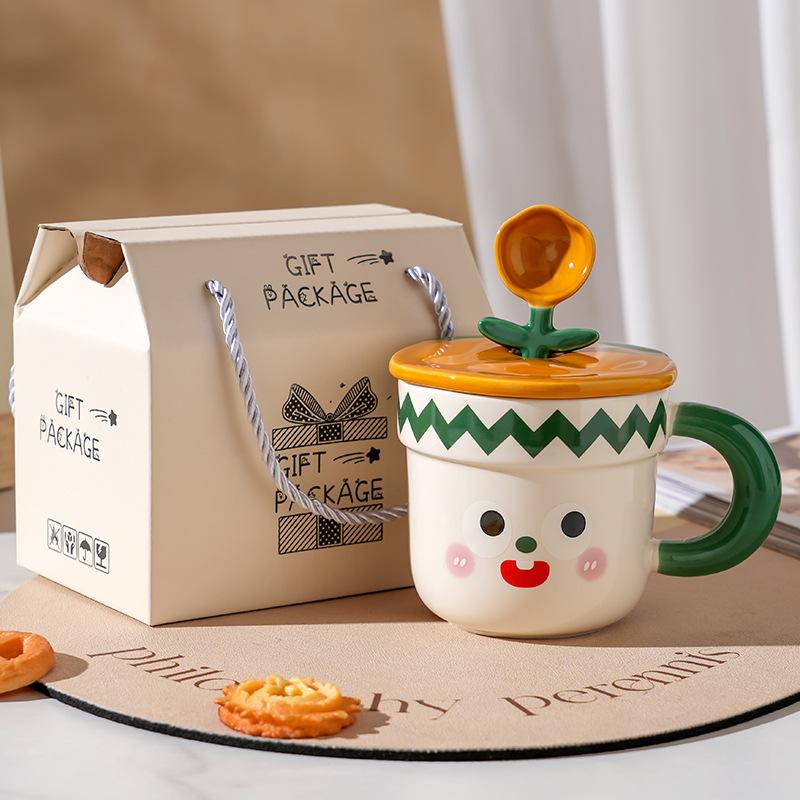Ceramic Cup With Lid Spoon High Value Household Cute Couple Water Cup Gift Box High Sense Souvenir Creative