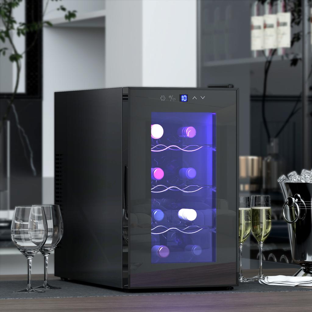 Mini Table Top Wine Fridge, 8 Bottle, 17L, 8-18 degrees C, 26.5cm Quiet Under Counter Wine Cooler Fridge with Glass Door, LED Light