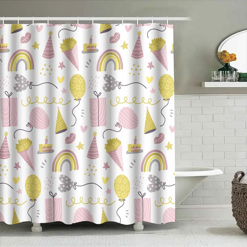 Happy Birthday Party Decorations Shower Curtain For Kids Room Pink Yellow BalloonsParty HatsCakeRainbowStarsBalloonsConfet