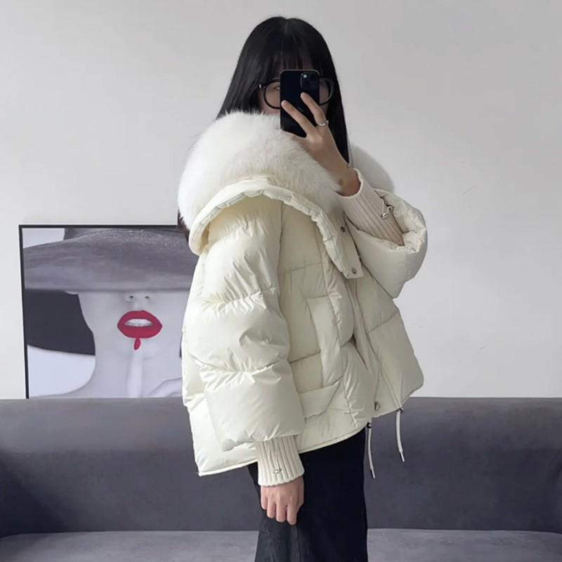 Womens Short Puffer Coat With Faux Fur Collar Loose Fit Thick Duck Down Winter Jacket Cold Weather